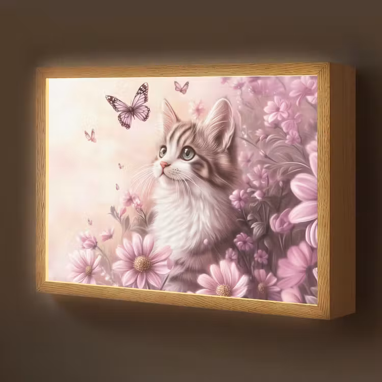 Kitten - Bloemen - Vlinders - Paars Light Box met batterij (Wandlamp kind) middel -z3d_website