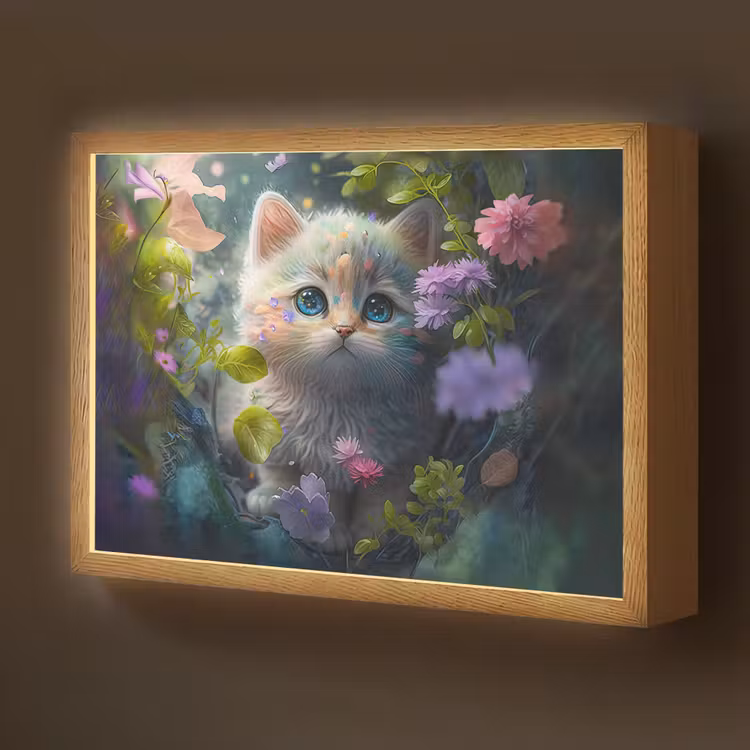 Kitten - Bloemen - Bos - Illustratie - Poes Light Box met batterij (Wandlamp kind) middel -z3d_website
