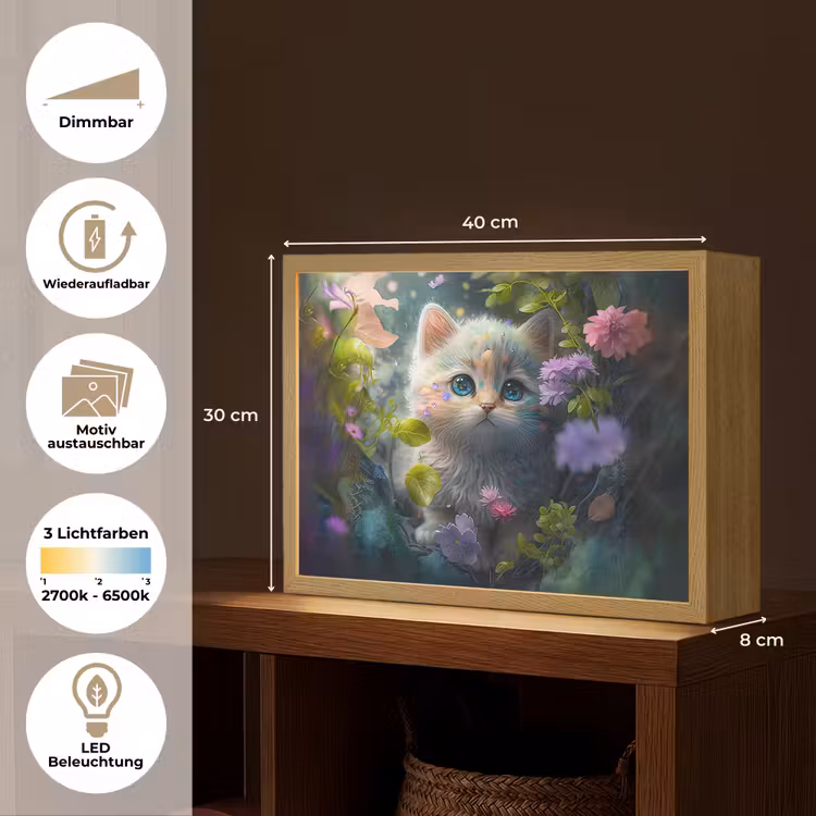 Kitten - Bloemen - Bos - Illustratie - Poes Light Box met batterij (Wandlamp kind) middel -USP_websiteoverzichtDE