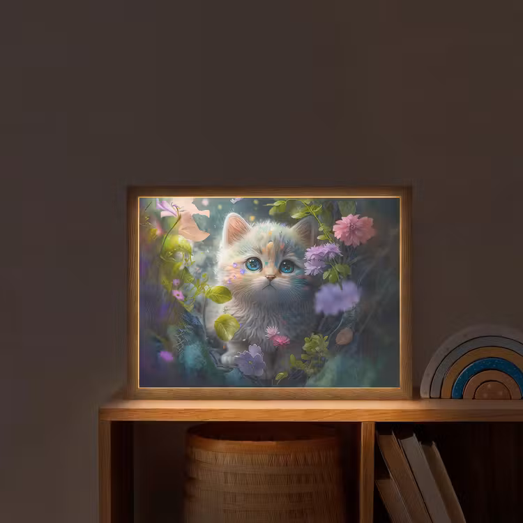 Kitten - Bloemen - Bos - Illustratie - Poes Light Box met batterij (Wandlamp kind) middel -sfeer1_kind