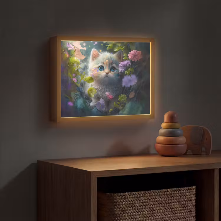 Kitten - Bloemen - Bos - Illustratie - Poes Light Box met batterij (Wandlamp kind) middel -sfeer5_kind