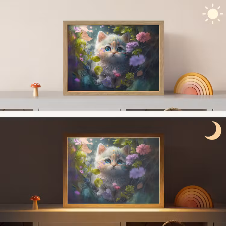 Kitten - Bloemen - Bos - Illustratie - Poes Light Box met batterij (Wandlamp kind) middel -sfeer3_kind