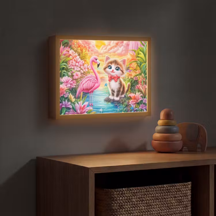 Kitten - Flamingo - Bloemen Light Box met batterij (Wandlamp kind) middel -sfeer5_kind