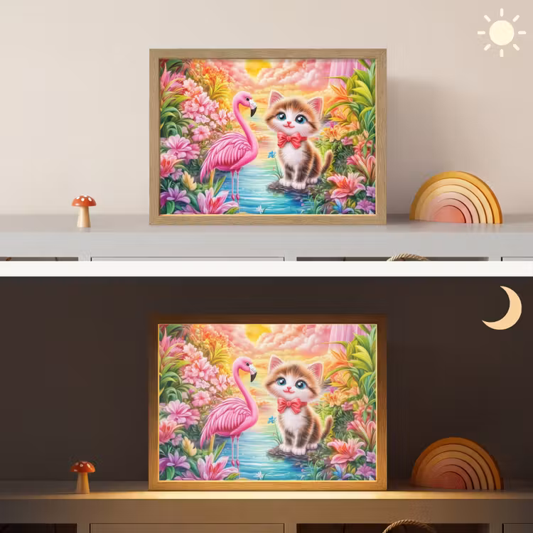 Kitten - Flamingo - Bloemen Light Box met batterij (Wandlamp kind) middel -sfeer3_kind