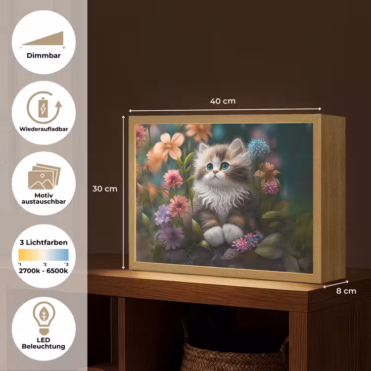 Kitten - Illustratie - Bloemen - Natuur - Kat Light Box met batterij (Wandlamp kind) middel -USP_websiteoverzichtDE