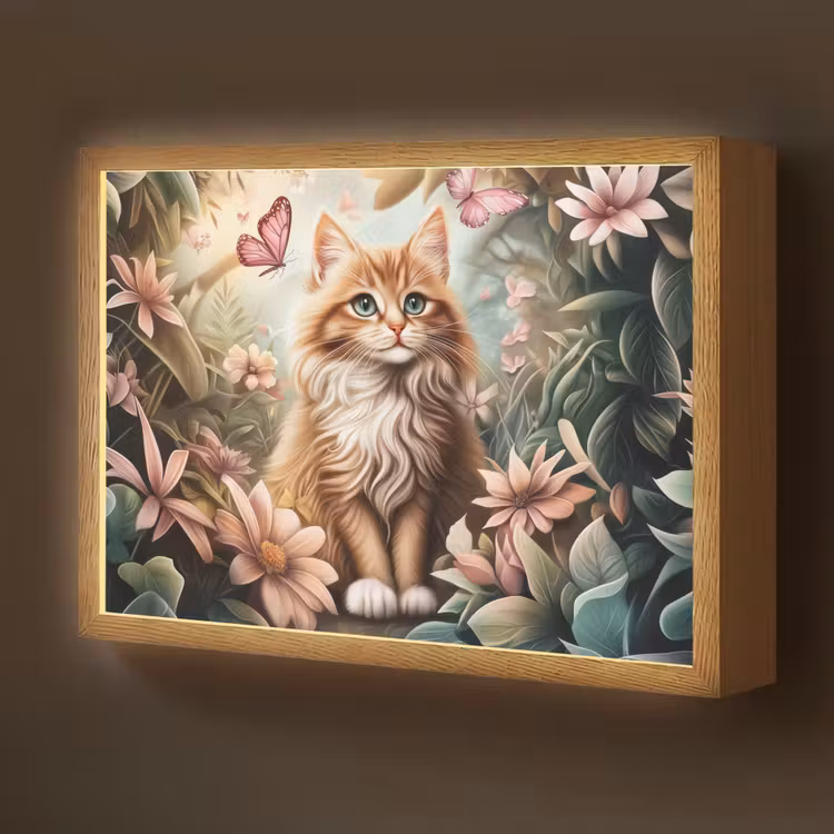 Kat - Bloemen - Vlinders - Roze Light Box met batterij (Wandlamp kind) middel -z3d_website