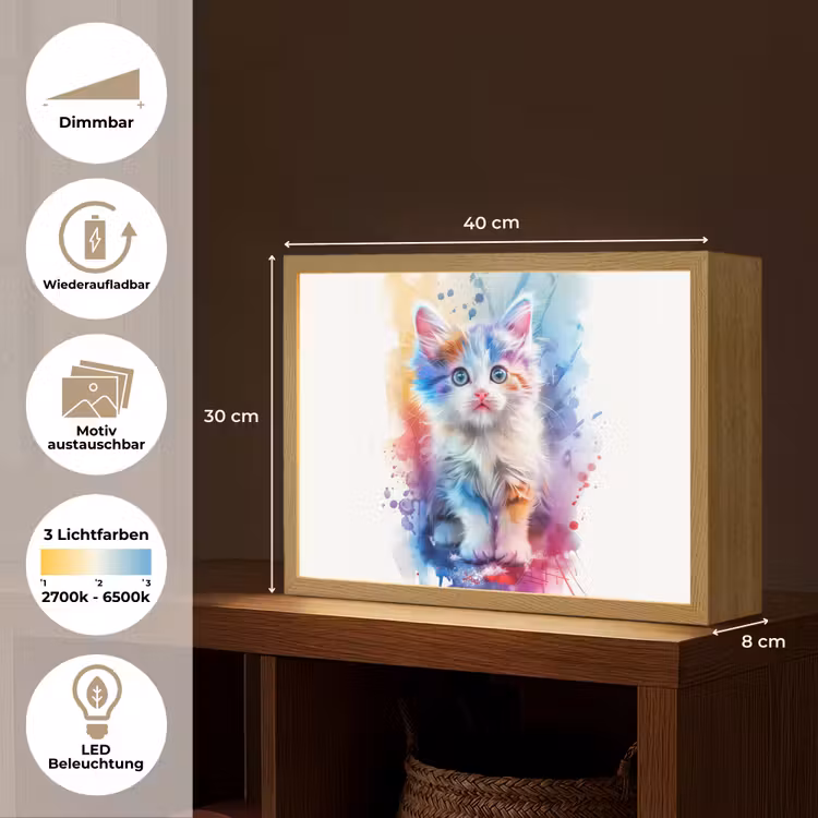 Kat - Kleurrijk - Verf - Dier - Wit Light Box met batterij (Wandlamp kind) middel -USP_websiteoverzichtDE