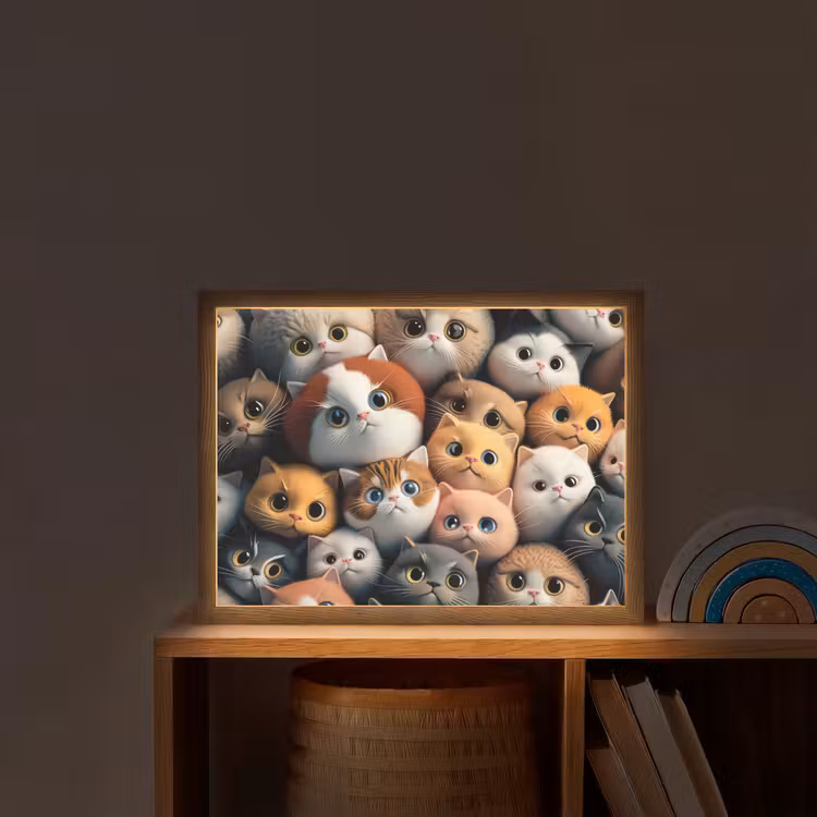 Poes - Kat - Design - Bruin - Grijs - Kids Light Box met batterij (Wandlamp kind) middel -sfeer1_kind