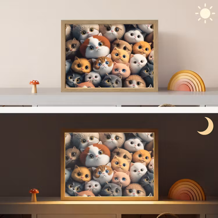 Poes - Kat - Design - Bruin - Grijs - Kids Light Box met batterij (Wandlamp kind) middel -sfeer3_kind