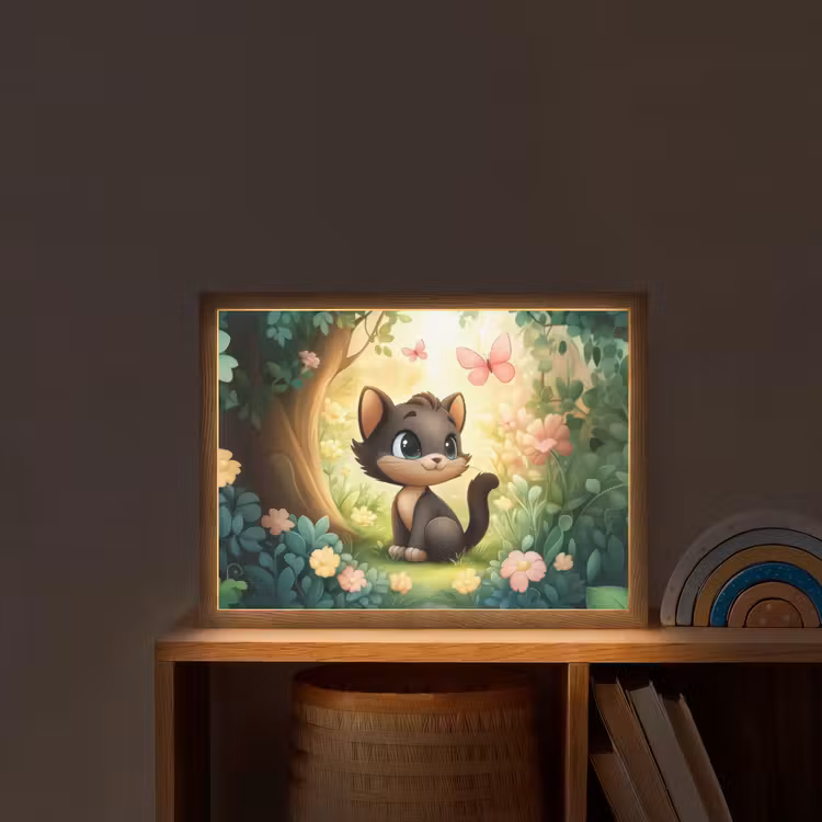 Kat - Zwart - Bos - Vlinders Light Box met batterij (Wandlamp kind) middel -sfeer1_kind