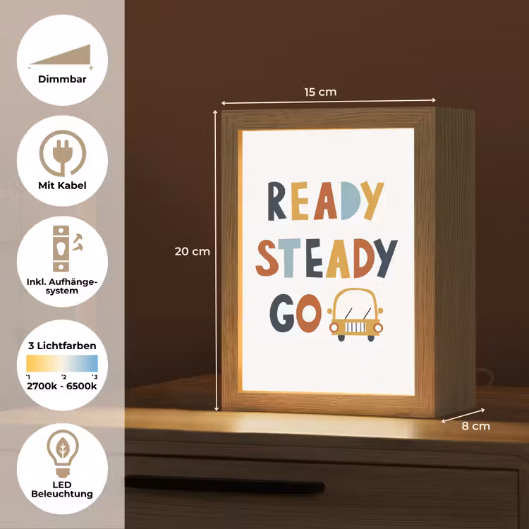 Kinderen - Auto - Wit - Quote - Ready Steady GO Light Box met kabel (Wandlamp kind) klein -USP_overzichtDE