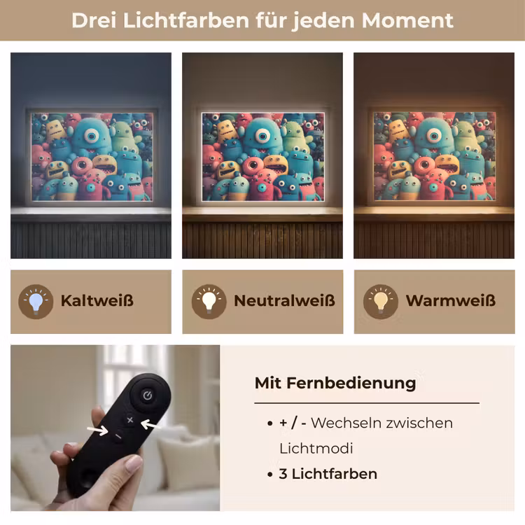 Kids - Monster - Regenboog - Design - Meiden - Jongens Light Box met batterij (Wandlamp kind) middel -USP_lichtkleurDE