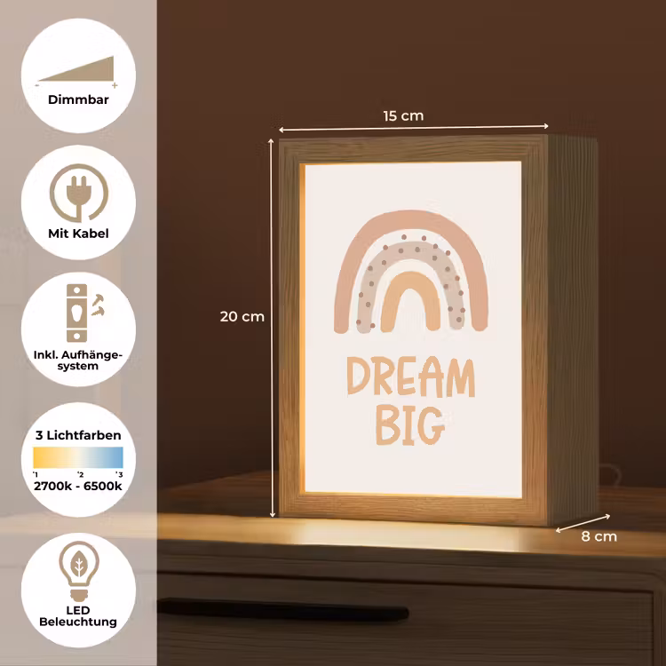 Kinderen - Regenboog - Pastel - Quote - Dream Big Light Box met kabel (Wandlamp kind) klein -USP_overzichtDE