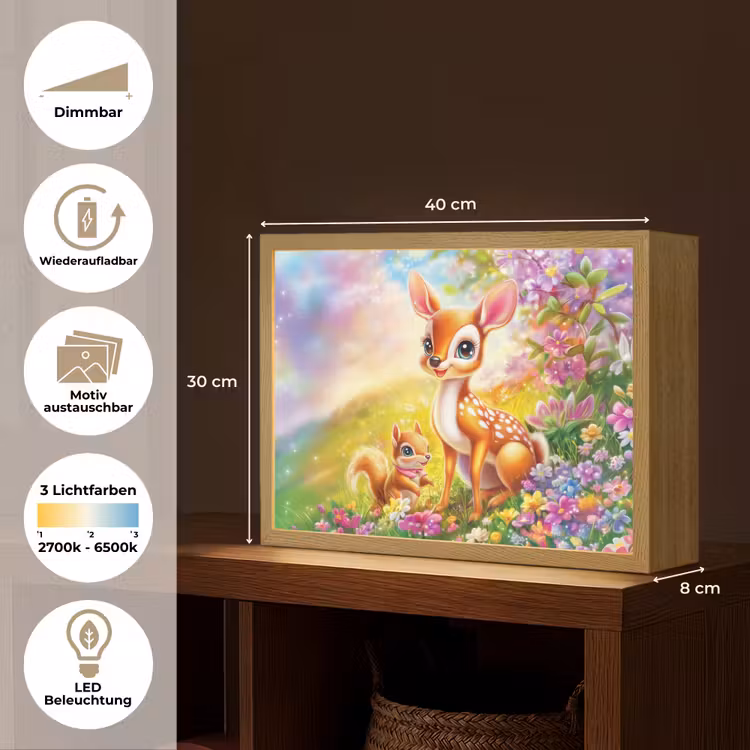 Hertje - Eekhoorn - Bloemenveld - Kleurrijk Light Box met batterij (Wandlamp kind) middel -USP_websiteoverzichtDE