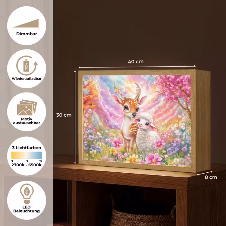 Hertje - Lammetje - Bloemen - Pastel Light Box met batterij (Wandlamp kind) middel -USP_websiteoverzichtDE