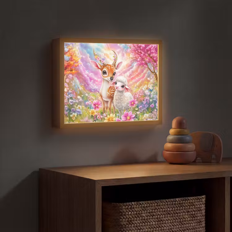 Hertje - Lammetje - Bloemen - Pastel Light Box met batterij (Wandlamp kind) middel -sfeer5_kind