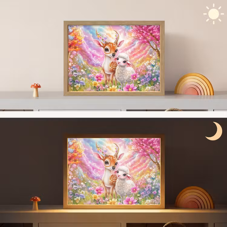 Hertje - Lammetje - Bloemen - Pastel Light Box met batterij (Wandlamp kind) middel -sfeer3_kind