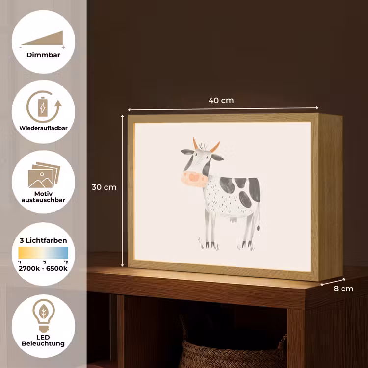 Koe - Boerderij dier - Dieren - Pastel kleuren Light Box met batterij (Wandlamp kind) middel -USP_websiteoverzichtDE