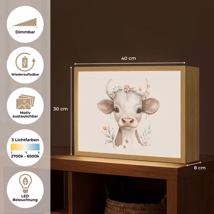 Koe - Bohemian - Kalfje - Bloemen Light Box met batterij (Wandlamp kind) middel -USP_websiteoverzichtDE