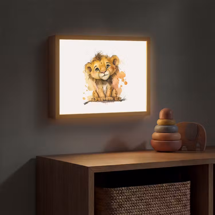 Leeuw - Waterverf - Bruin - Dieren - Meisjes - Jongens Light Box met batterij (Wandlamp kind) middel -sfeer5_kind