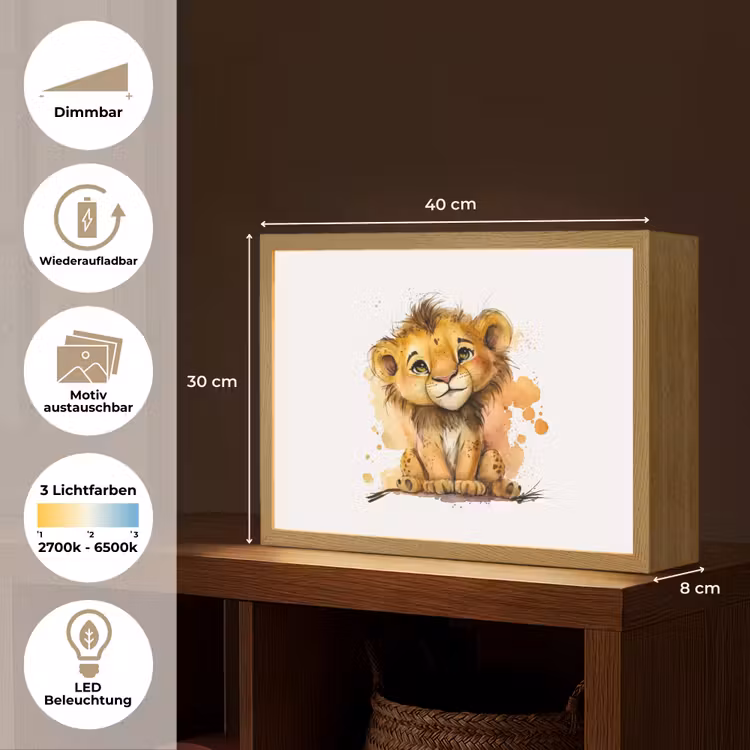 Leeuw - Waterverf - Bruin - Dieren - Meisjes - Jongens Light Box met batterij (Wandlamp kind) middel -USP_websiteoverzichtDE