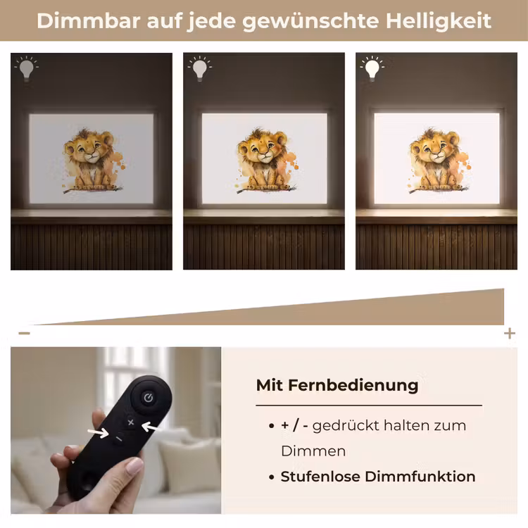 Leeuw - Waterverf - Bruin - Dieren - Meisjes - Jongens Light Box met batterij (Wandlamp kind) middel -USP_dimbaarDE
