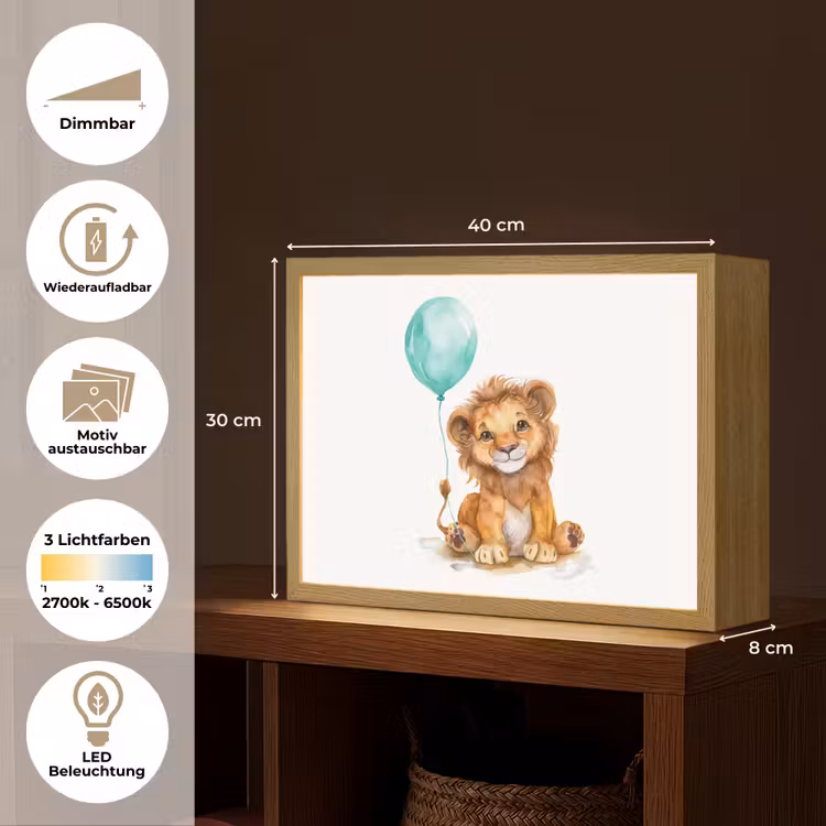 Leeuw - Baby dier - Blauwe ballon Light Box met batterij (Wandlamp kind) middel -USP_websiteoverzichtDE