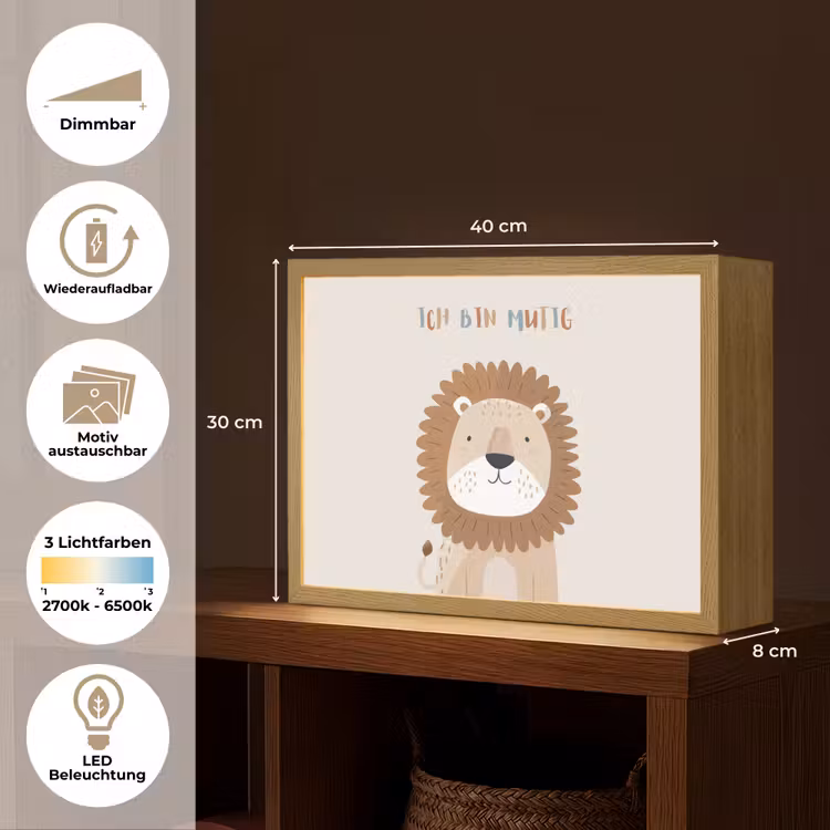 Leeuw - Beige - Dier - Moedig - Quote Light Box met batterij (Wandlamp kind) middel -USP_websiteoverzichtDE