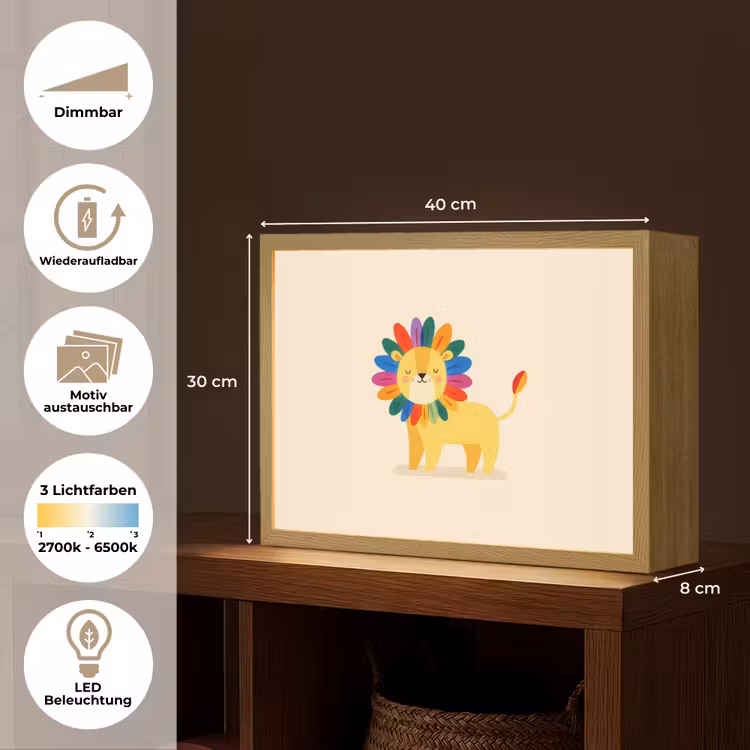 Leeuw - Kleurrijke manen - Beige Light Box met batterij (Wandlamp kind) middel -USP_websiteoverzichtDE