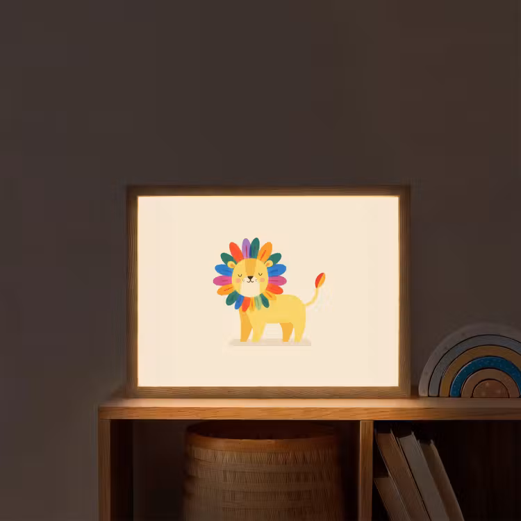 Leeuw - Kleurrijke manen - Beige Light Box met batterij (Wandlamp kind) middel -sfeer1_kind