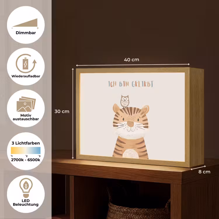 Leeuw - Uil - Beige - Dieren - Quote Light Box met batterij (Wandlamp kind) middel -USP_websiteoverzichtDE
