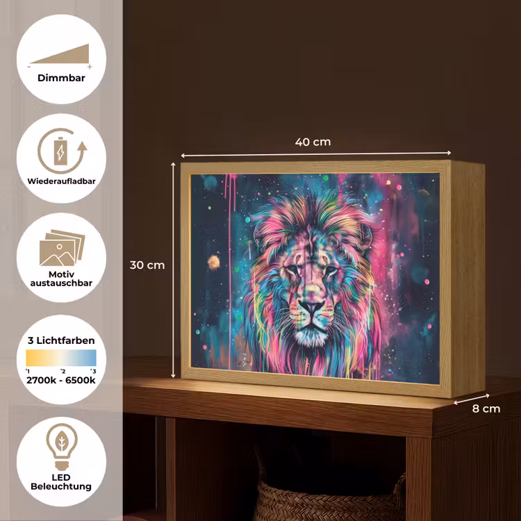 Leeuw - Verf - Kleurrijk - Zwart - Dieren Light Box met batterij (Wandlamp kind) middel -USP_websiteoverzichtDE