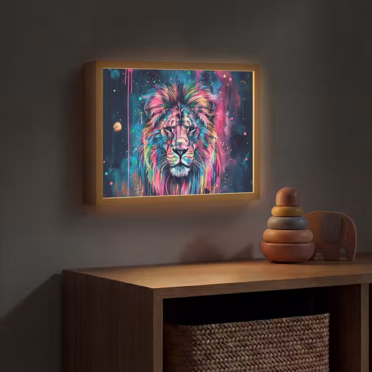 Leeuw - Verf - Kleurrijk - Zwart - Dieren Light Box met batterij (Wandlamp kind) middel -sfeer5_kind