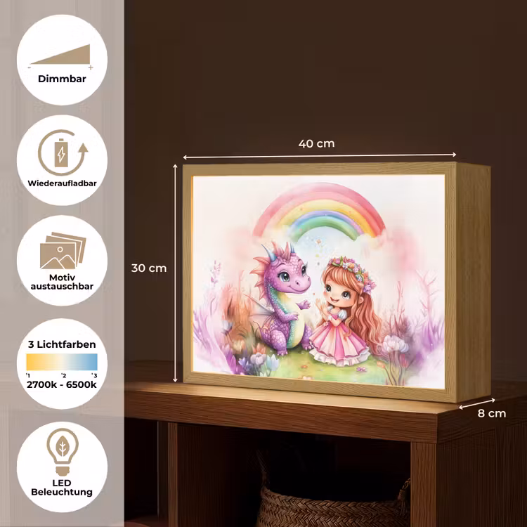 Meisje - Draak - Regenboog Light Box met batterij (Wandlamp kind) middel -USP_websiteoverzichtDE