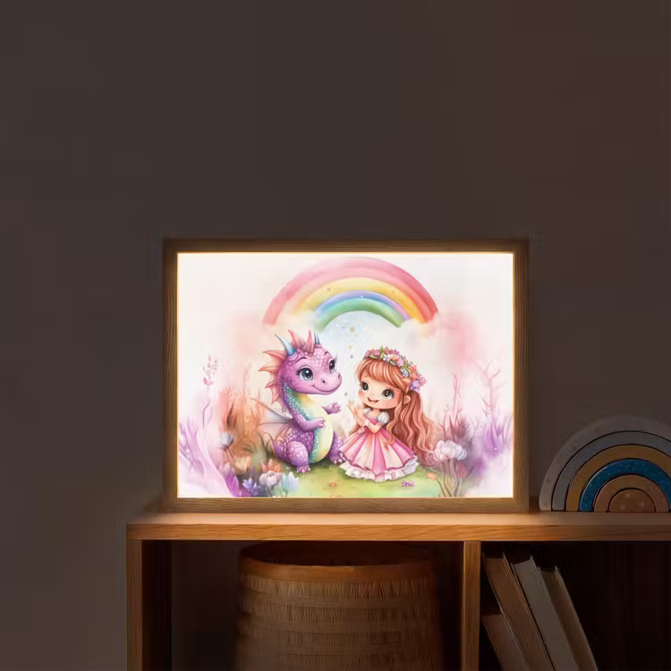 Meisje - Draak - Regenboog Light Box met batterij (Wandlamp kind) middel -sfeer1_kind