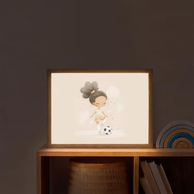 Meisje - Voetbal - Beige Light Box met batterij (Wandlamp kind) middel -sfeer1_kind