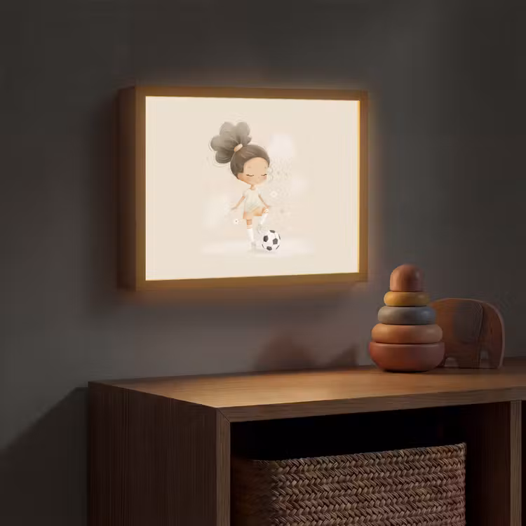 Meisje - Voetbal - Beige Light Box met batterij (Wandlamp kind) middel -sfeer5_kind