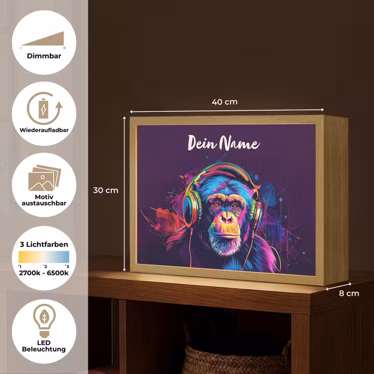 Aap - Koptelefoon - Muziek - Kleurrijk Light Box met batterij (Wandlamp kind) middel -USP_websiteoverzichtDE