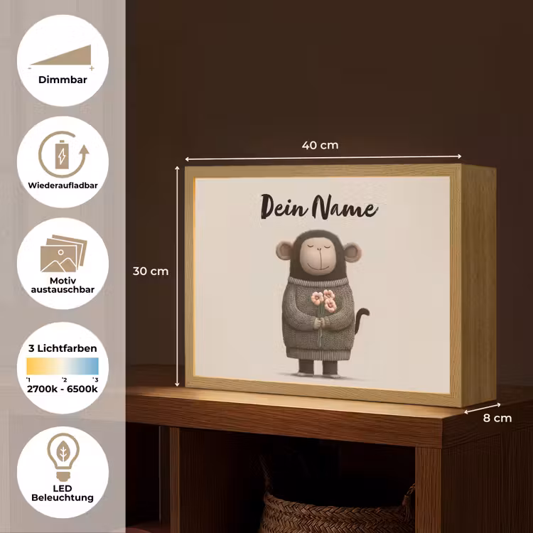 Aap - Roze bloemen - Speels Light Box met batterij (Wandlamp kind) middel -USP_websiteoverzichtDE