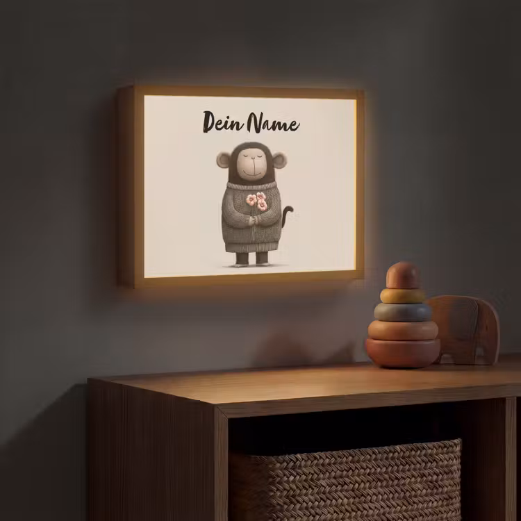 Aap - Roze bloemen - Speels Light Box met batterij (Wandlamp kind) middel -sfeer5_kind
