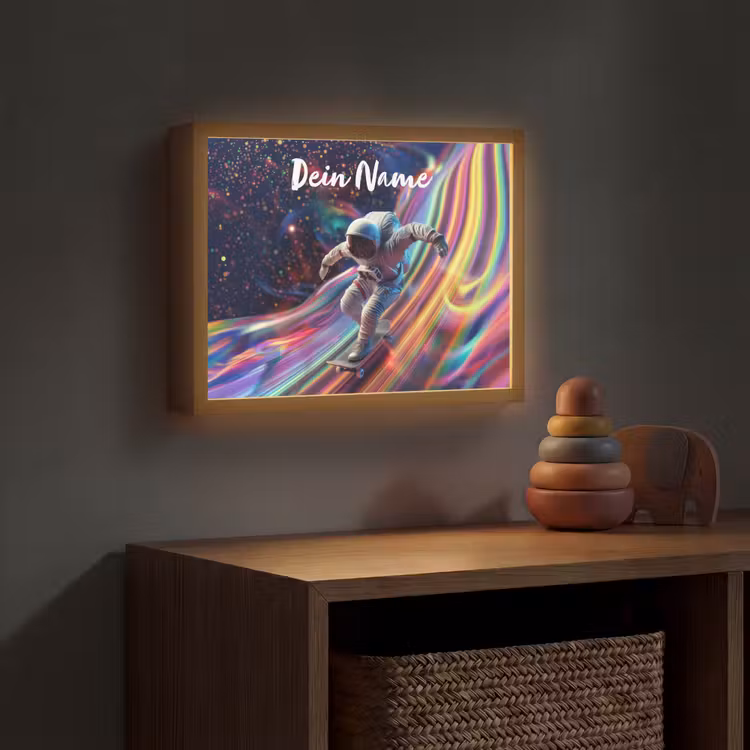 Astronaut - Ruimte - Skateboard - Kleurrijk Light Box met batterij (Wandlamp kind) middel -sfeer5_kind