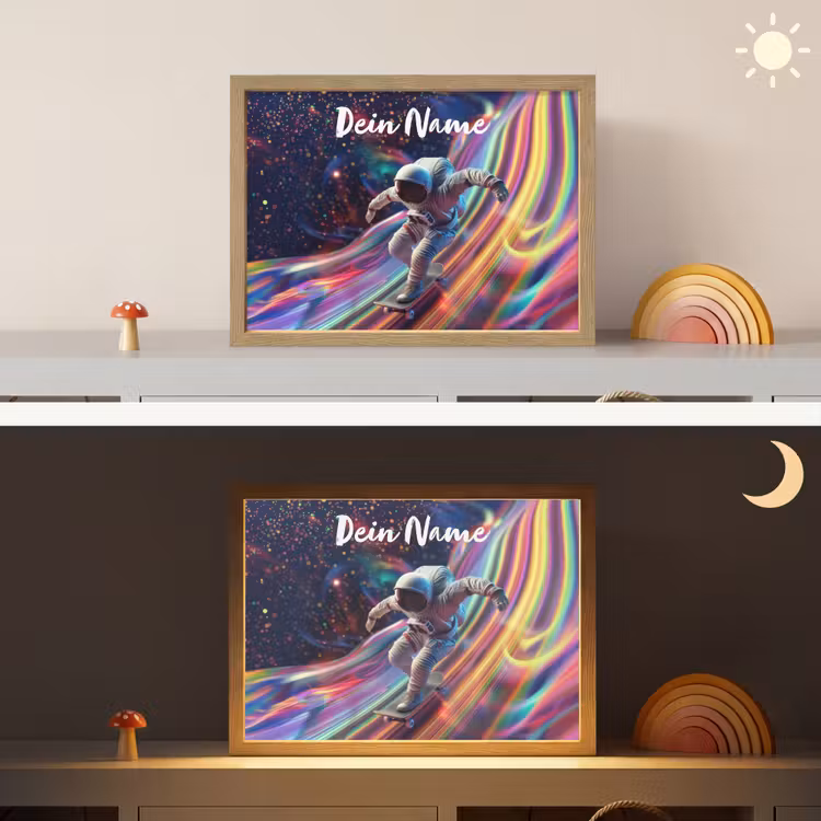 Astronaut - Ruimte - Skateboard - Kleurrijk Light Box met batterij (Wandlamp kind) middel -sfeer3_kind