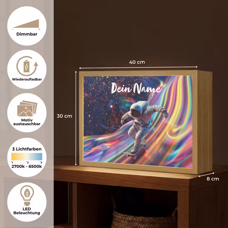 Astronaut - Ruimte - Skateboard - Kleurrijk Light Box met batterij (Wandlamp kind) middel -USP_websiteoverzichtDE