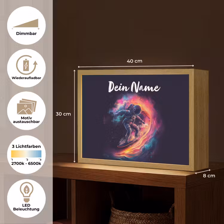 Astronaut - Ruimte - Surfen - Kleurrijk Light Box met batterij (Wandlamp kind) middel -USP_websiteoverzichtDE
