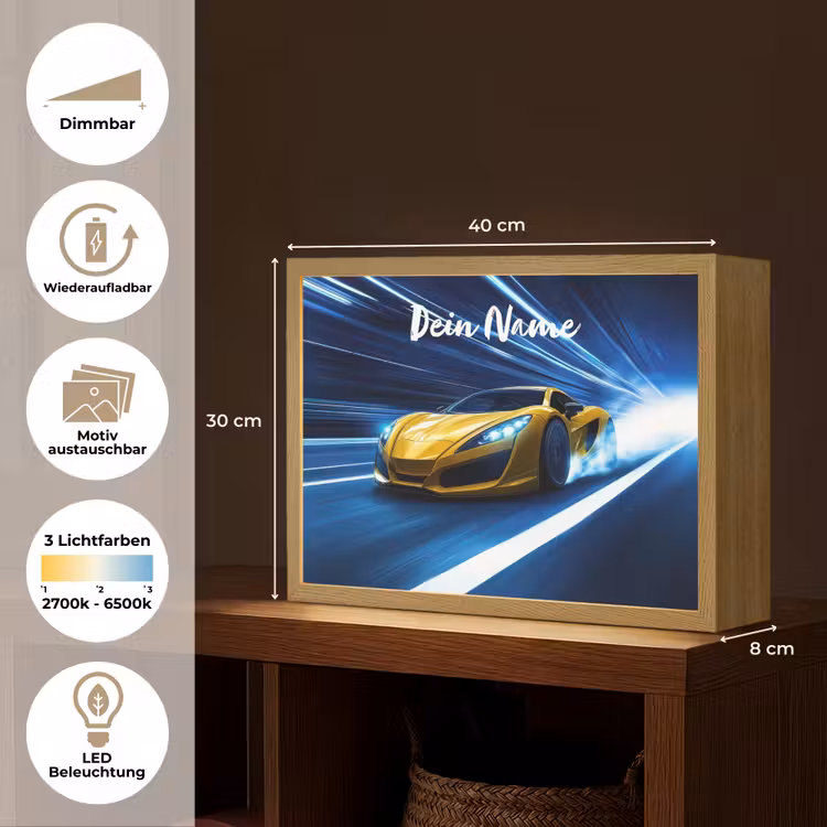 Auto - Geel - Race - Blauw Light Box met batterij (Wandlamp kind) middel -USP_websiteoverzichtDE