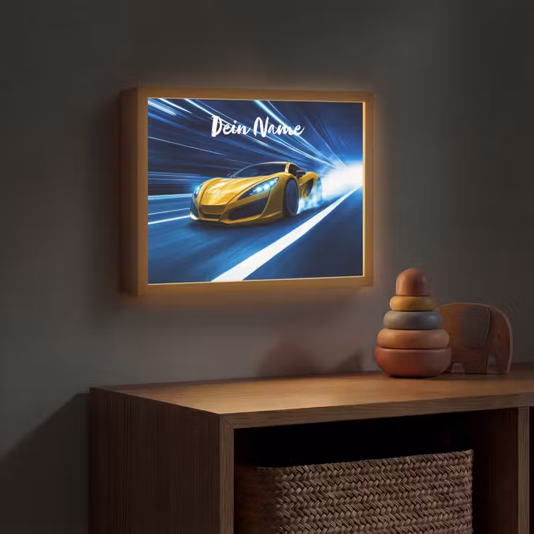 Auto - Geel - Race - Blauw Light Box met batterij (Wandlamp kind) middel -sfeer5_kind