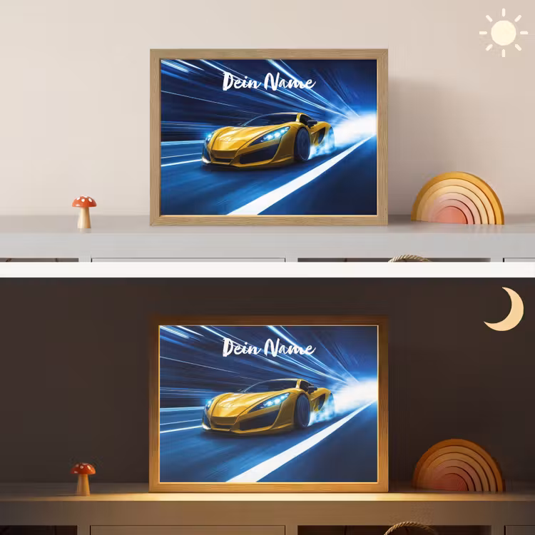 Auto - Geel - Race - Blauw Light Box met batterij (Wandlamp kind) middel -sfeer3_kind