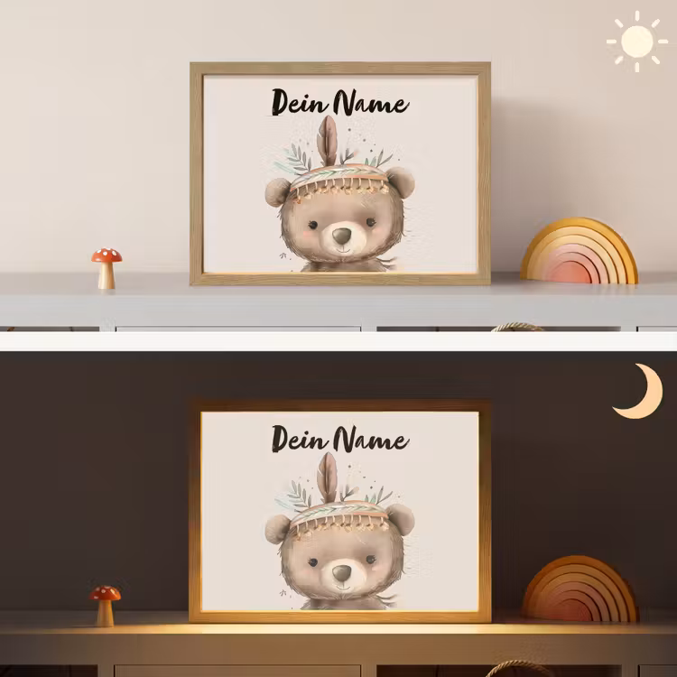 Beer - Boho - Indianentooi - Dieren Light Box met batterij (Wandlamp kind) middel -sfeer3_kind