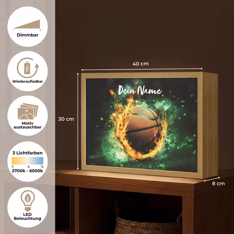 Basketbal - Vuur - Vlammen - Groen Light Box met batterij (Wandlamp kind) middel -USP_websiteoverzichtDE