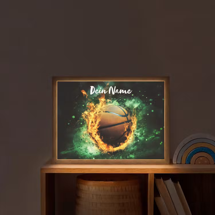 Basketbal - Vuur - Vlammen - Groen Light Box met batterij (Wandlamp kind) middel -sfeer1_kind